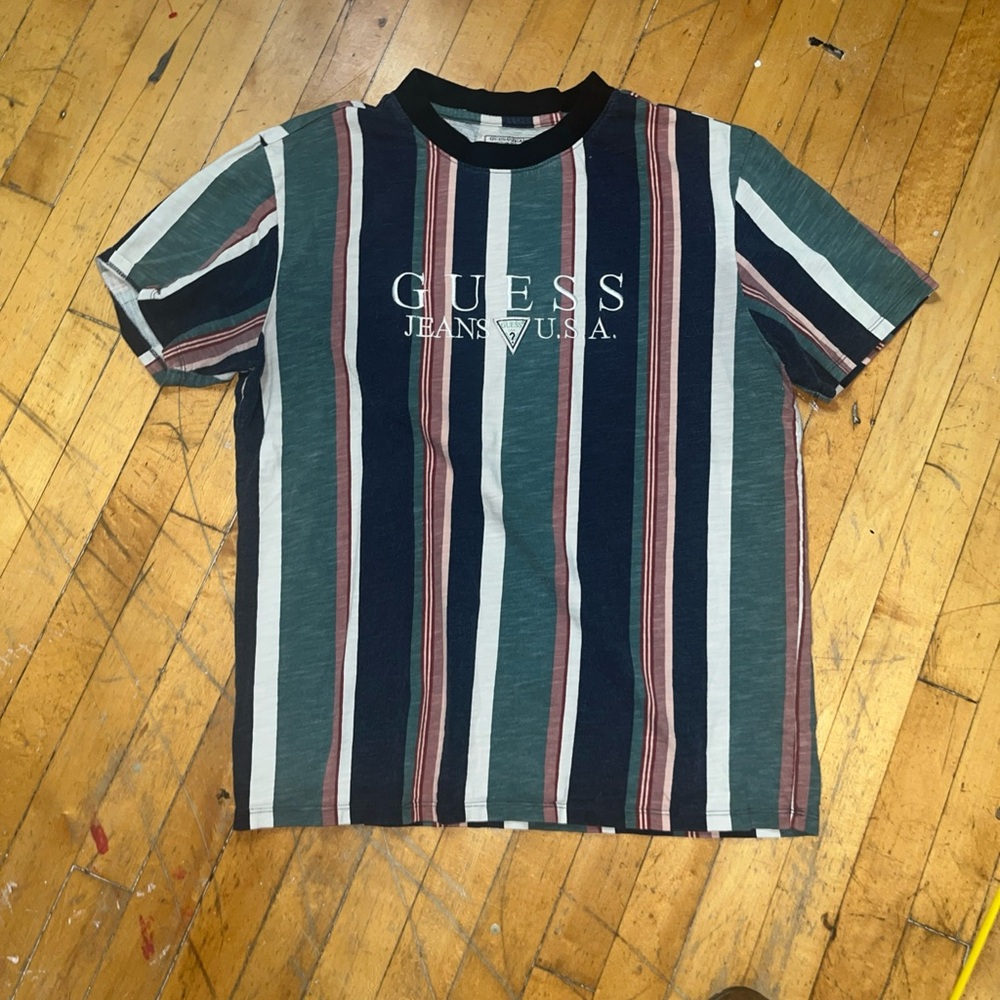 VTG GUESS Men’s Striped Logo Tee - Navy, Green & Pink Sz med